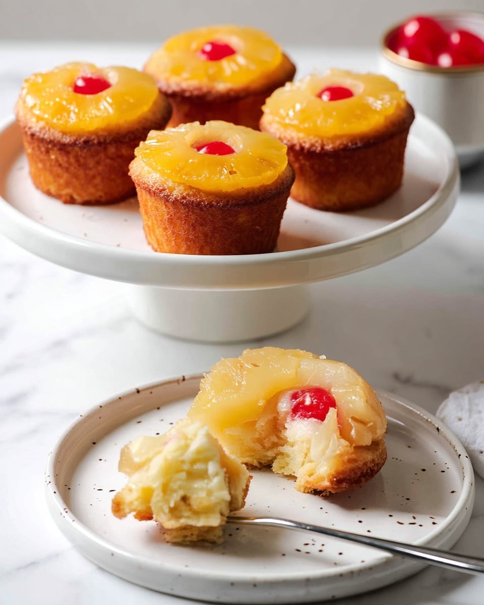 The image shows several pineapple upside-down cupcakes on a white round cake stand, each topped with a golden-brown baked base, a shiny, slightly translucent pineapple ring in the middle, and a bright red cherry placed at the center of the pineapple ring. One cupcake is on a white speckled plate in the foreground, broken open to reveal a soft, moist yellow cake interior with a piece broken off on a fork, all placed on a white marbled surface. Photo taken with an iphone --ar 4:5 --v 7
