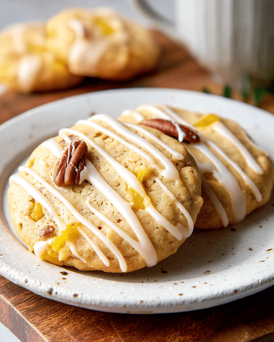 Two round cookies sit on a white speckled plate, each with a light golden-brown color and a soft texture. The cookies have small bits of yellow fruit embedded within, adding spots of bright color. One cookie has a pecan piece visible on top, while both are decorated with thin white icing drizzled in diagonal lines across their surfaces. The plate rests on a wooden board, with a couple more cookies slightly blurred in the background. The overall scene has a warm and inviting look with a soft focus on the cookies. Photo taken with an iphone --ar 4:5 --v 7