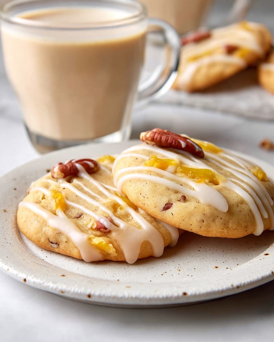 Two round cookies are on a white speckled plate over a white marbled surface. Each cookie has a light golden brown base with a soft texture, and both are decorated with thin white icing lines drizzled across the top. The cookie closer to the front has visible pieces of pecans and bits of yellow-orange fruit baked inside. The other cookie has a bite taken out of it, showing a crumbly interior and a single pecan piece near the edge. More similarly decorated cookies and a glass cup filled with a creamy beige drink are blurred in the background. photo taken with an iphone --ar 4:5 --v 7