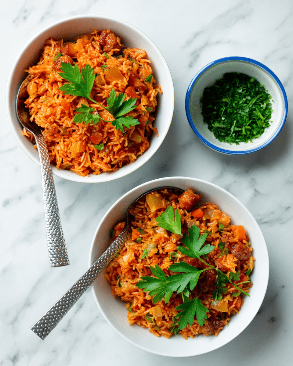 Two white bowls are filled with orange-red rice mixed with small pieces of vegetables and meat, topped with green parsley leaves. The rice looks soft and moist with a slightly glossy texture, and chunks of light brown and yellow vegetables are scattered throughout. Each bowl contains a silver spoon with a textured handle resting inside. Next to the bowls is a small white bowl with a blue rim holding finely chopped green herbs. The dishes are placed on a white marbled surface. photo taken with an iphone --ar 4:5 --v 7