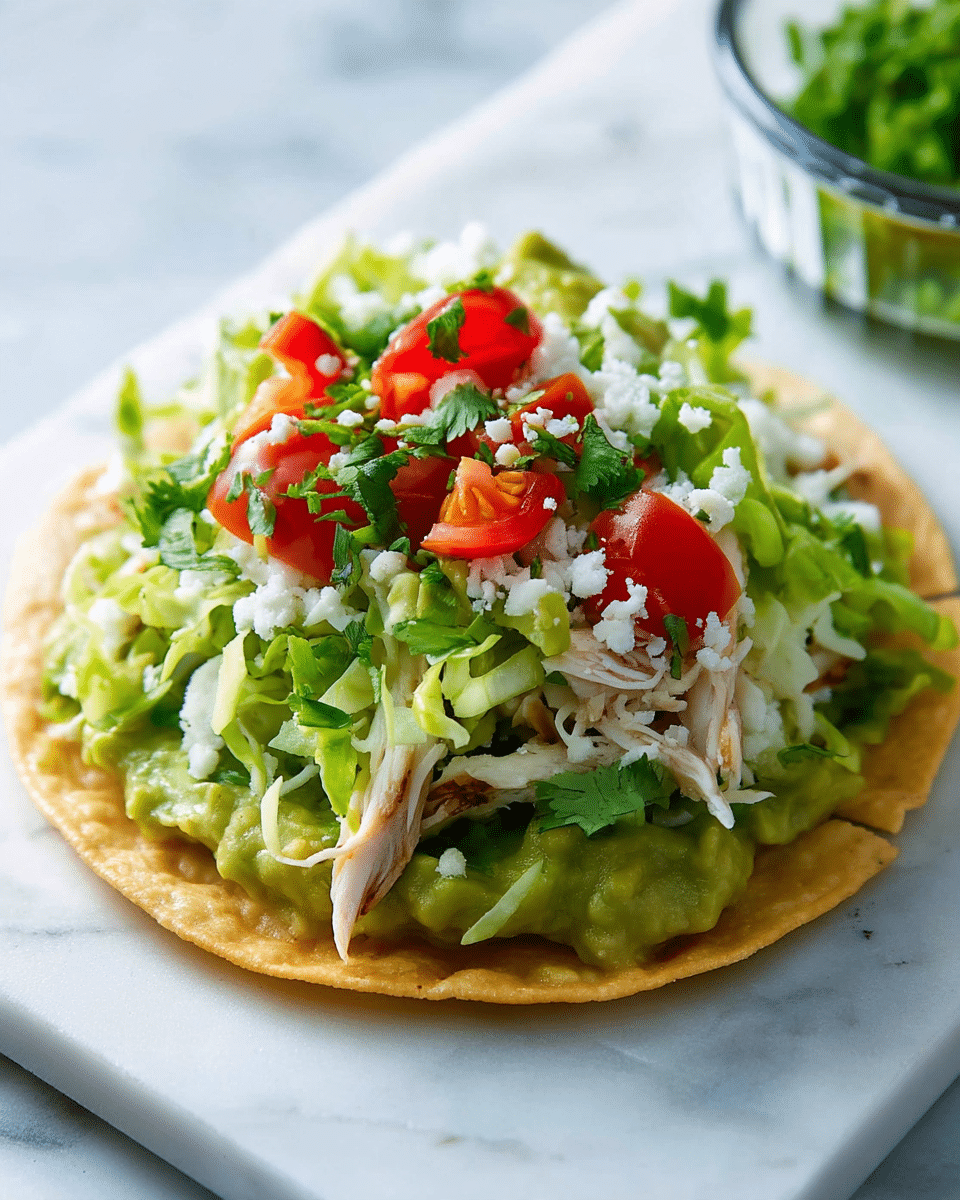 The image shows a single tostada on a white marbled surface with a glass bowl of green guacamole in the background. The tostada has four main visible layers: the base is a light golden-brown crispy tortilla, topped with a spread of chunky green guacamole; next is a layer of shredded white chicken; then shredded light green lettuce is scattered unevenly; lastly, there are bright red tomato pieces and finely chopped green cilantro sprinkled on top. Small bits of white cheese are scattered around the tostada and on top of the chicken. Photo taken with an iphone --ar 4:5 --v 7