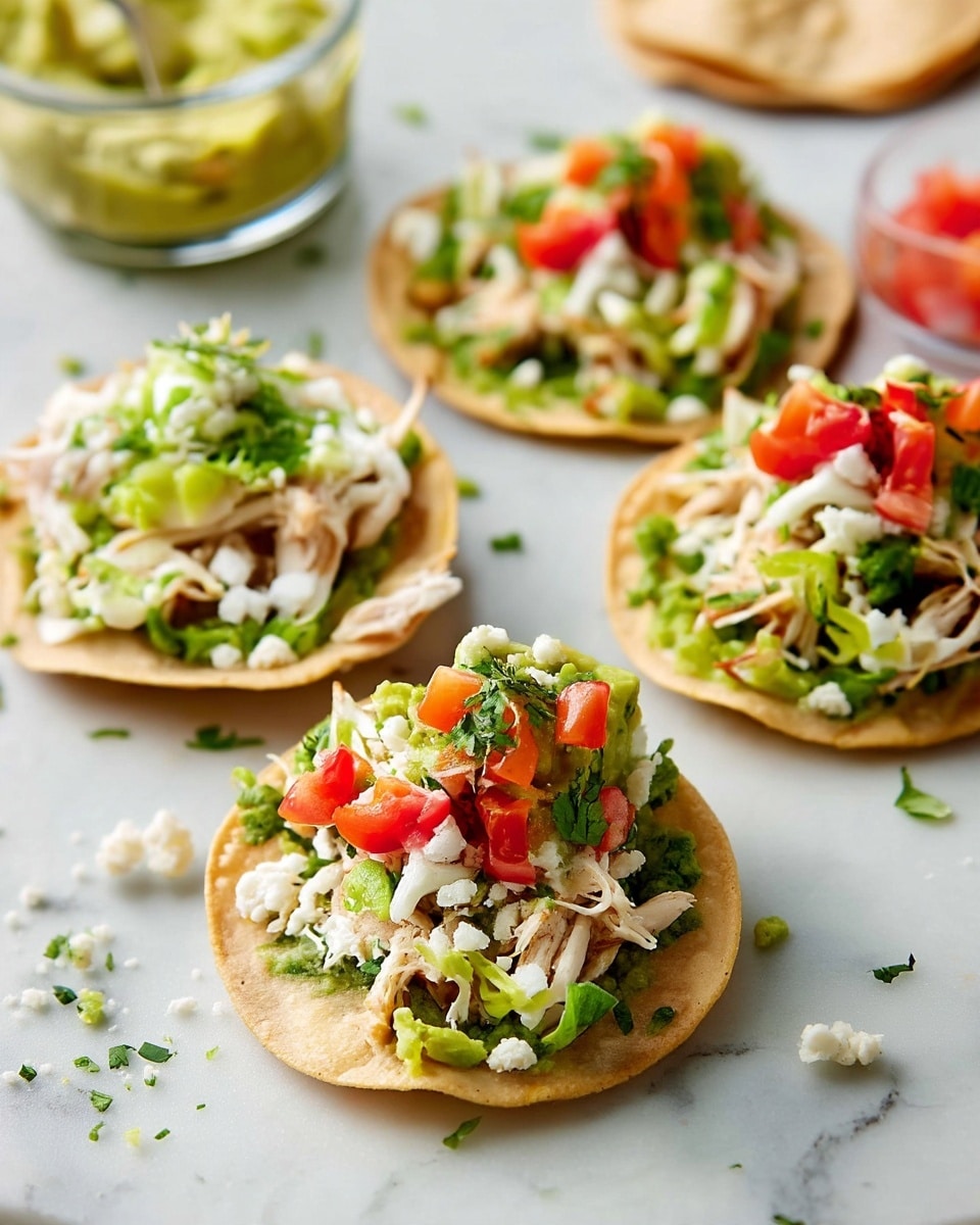 The image shows five small tostadas on a white marbled surface. Each tostada has three layers: the bottom layer is a crunchy, light brown round tortilla; the second layer is a spread of chunky green guacamole; the third layer consists of shredded light brown chicken mixed with finely chopped green lettuce. Some tostadas are topped with small, bright red tomato pieces, crumbled white cheese, and finely chopped green herbs, adding specks of red, white, and green on top. Scattered bits of cheese and herbs decorate the surface around the tostadas, with a clear glass bowl of guacamole and some tortillas visible in the background. photo taken with an iphone --ar 4:5 --v 7