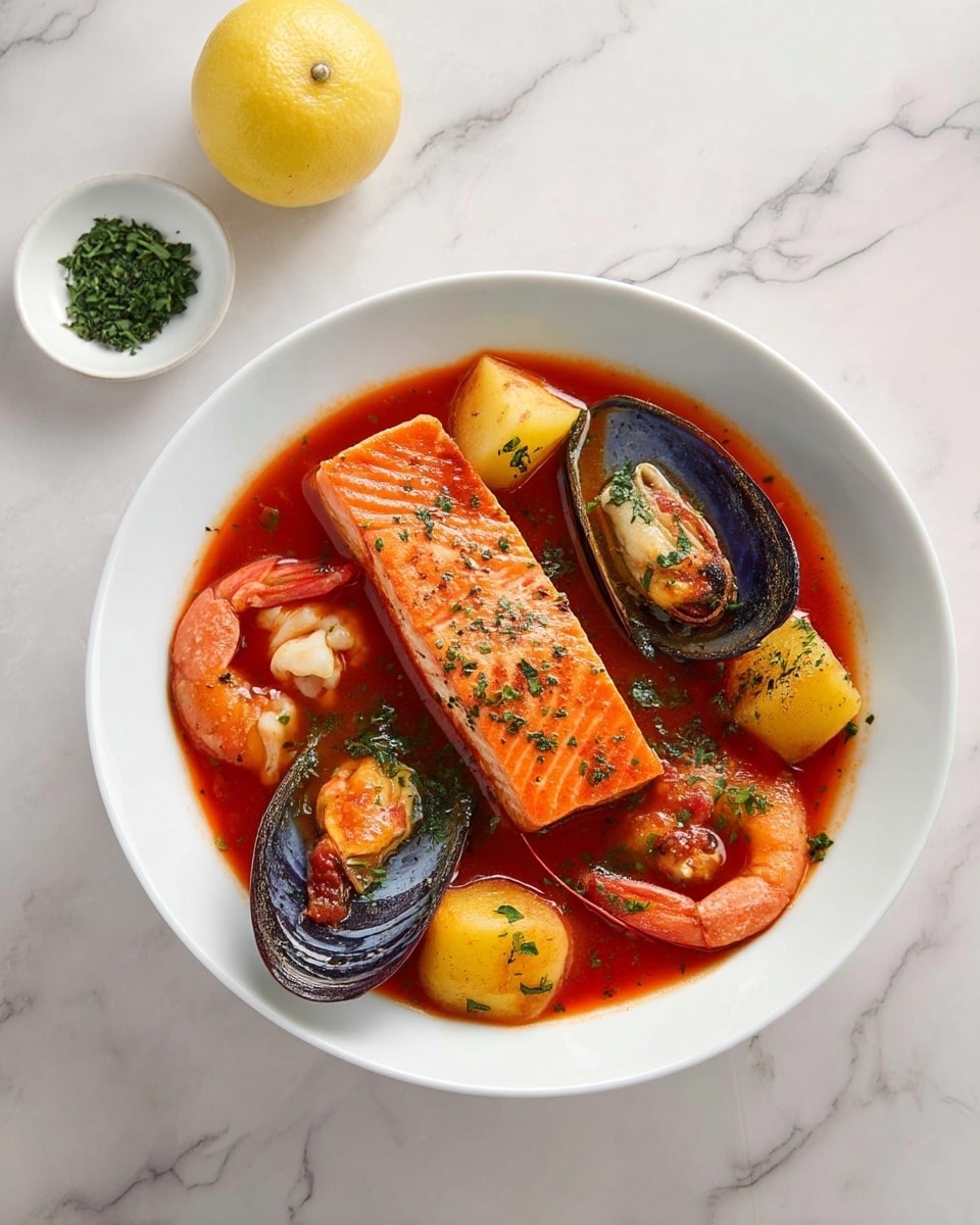 A white bowl sits on a white marbled surface, filled with a rich red broth that holds various seafood and potato pieces. In the bowl, a large pink-orange salmon fillet with visible grill marks lies near the center, surrounded by two whole orange shrimp with their shells and antennae, a black mussel with creamy meat inside, a cooked scallop shell holding scallop meat covered with sauce, and several small yellow potato chunks. Green herbs are sprinkled over the dish for garnish. Nearby, a white small bowl contains chopped green herbs, and above the seafood bowl, a half lemon wedge rests on the white marbled surface. photo taken with an iphone --ar 4:5 --v 7