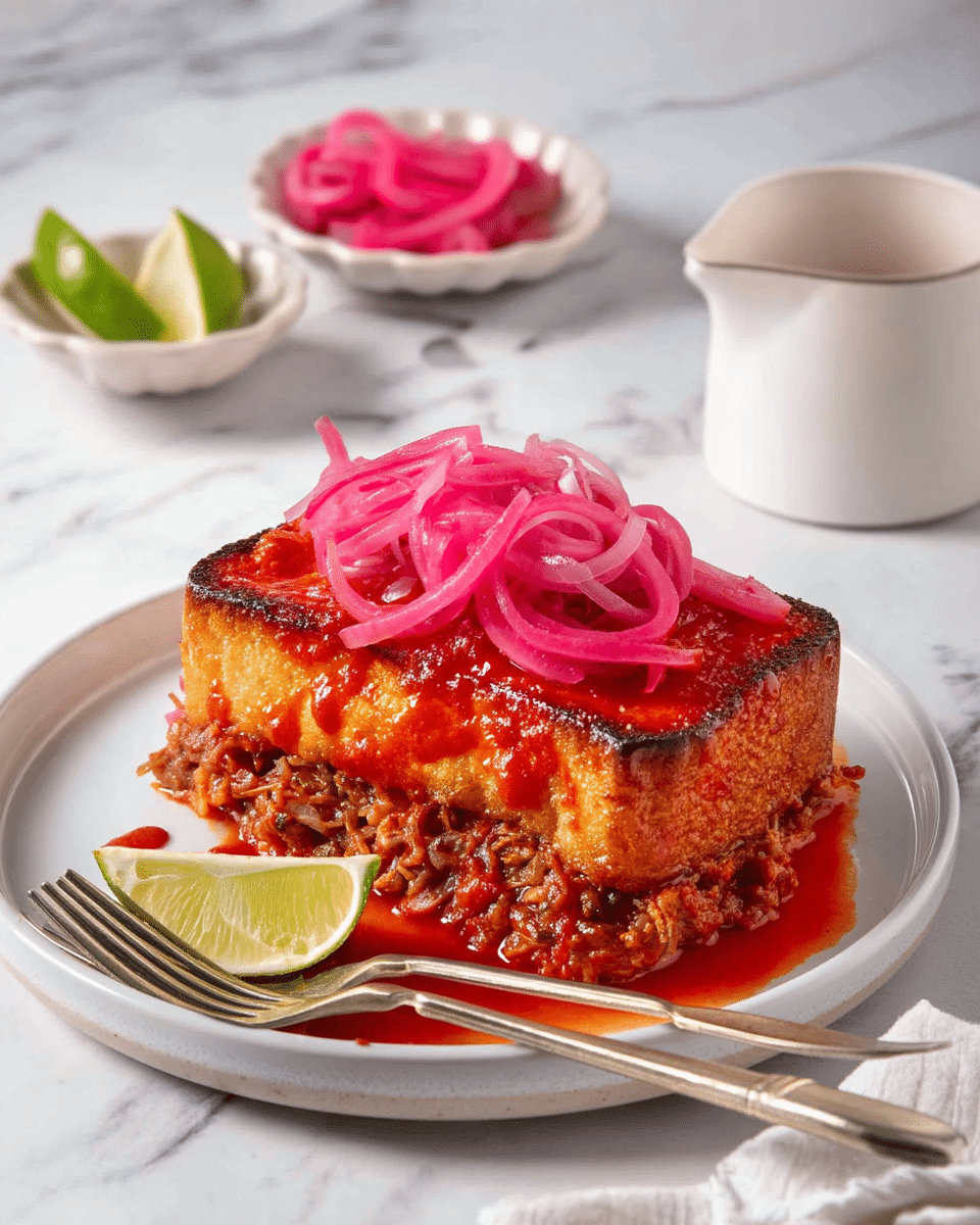 A sandwich with a golden-brown crust soaked in red sauce forms the top layer, sitting on a thick layer of shredded and ground meat mixed with sauce at the bottom, all placed on a white plate with red sauce pooled beneath. On top of the sandwich, there is a small pile of bright pink pickled onions and a wedge of lime resting partly on the sandwich. A second lime wedge sits at the edge of the plate. Next to the sandwich, a silver fork and knife are laid diagonally with shiny metal handles. In the background, two small white fluted bowls hold lime wedges and more pink pickled onions on a white marbled surface. A white pitcher and a white cloth napkin complete the scene. photo taken with an iphone --ar 4:5 --v 7
