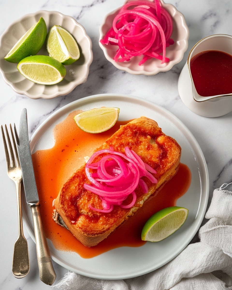 A crispy golden brown sandwich sits on a white round plate, covered with a bright orange sauce that spreads underneath it; on top of the sandwich is a twisted pile of bright pink pickled onions and a wedge of light green lime, with another lime wedge placed on the side of the plate. To the left, a fork and knife with worn silver handles rest on the plate's edge. Above them are two small white scalloped dishes, one holding three fresh green lime wedges and the other filled with more bright pink pickled onions. At the top right corner, a white small jug with a gold rim is filled with smooth red sauce. All items rest on a white marbled surface, with a gentled folded white cloth to the lower right. Photo taken with an iphone --ar 4:5 --v 7