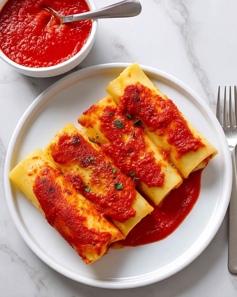 Three rolled cannelloni pasta tubes lie side by side on a white plate, each covered with a layer of vibrant red tomato sauce that is slightly thick and spread unevenly with some darker baked spots. The pasta is pale yellow and soft-looking, with visible ridges on the edges of one roll. Tiny green herb flakes are sprinkled on top of the sauce, adding a fresh contrast. A shallow pool of the same red sauce spreads out beneath the cannelloni. To the top left, a white bowl filled with the same smooth red tomato sauce sits on a white marbled surface, with a spoon resting inside it. A silver fork is placed at the bottom right edge of the plate. photo taken with an iphone --ar 4:5 --v 7