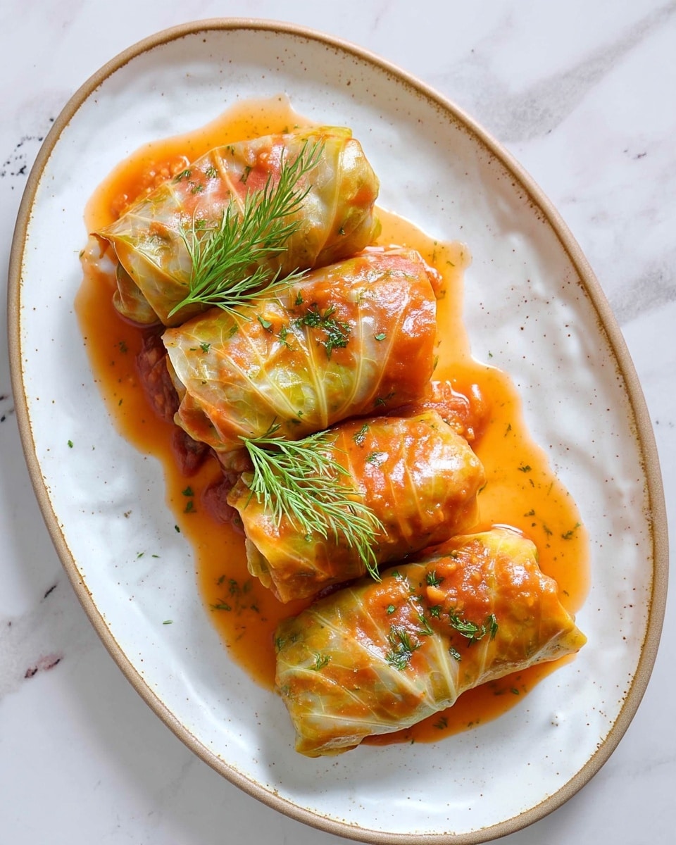 Four cabbage rolls covered in a shiny, light orange tomato sauce are neatly arranged in two rows on a speckled white oval plate with a thin brown rim. The cabbage leaves are cooked with visible soft layers and slight wrinkles, and some sauce pools around the rolls. Small green herb pieces, possibly dill, are sprinkled over the rolls, with one fresh dill sprig placed on top near the center. The plate sits on a white marbled surface. Photo taken with an iphone --ar 4:5 --v 7