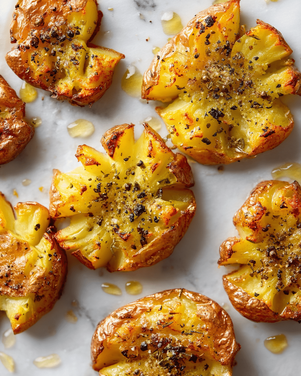 The image shows several smashed roasted potatoes on white parchment paper over a white marbled surface. Each potato is roughly flat with a golden brown, crispy skin that looks crunchy and slightly wrinkled. The inside layers are soft and yellow, with bits of roasted onion and black pepper sprinkled on top. There is a shiny glaze of oil over each potato, making them look moist and flavorful. Photo taken with an iphone --ar 4:5 --v 7