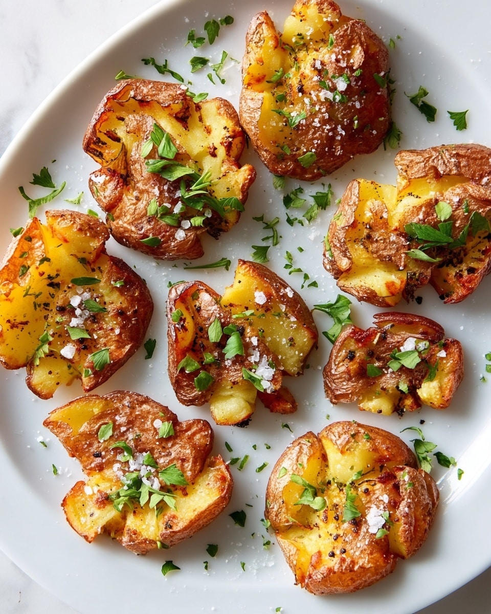 The image shows several smashed roasted potatoes arranged on a white plate. Each potato is crushed into one layer, with a crispy brown outer skin and a soft, golden yellow inside. The surface of each potato has small crunchy bits and is sprinkled with coarse salt and chopped fresh green herbs. The plate sits on a white marbled surface, creating a clean and bright setting. photo taken with an iphone --ar 4:5 --v 7