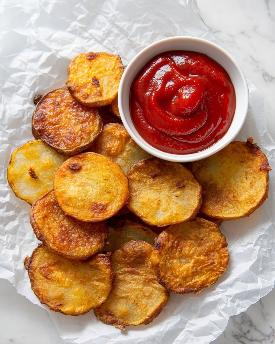 A pile of golden brown, round fried potato slices with crispy edges rests on crinkled white parchment paper. The potato slices show small uneven browned spots and varying shades of golden yellow and light brown, giving a crunchy and well-cooked look. At the bottom center, a white bowl holds thick red ketchup sauce with smooth texture and visible swirls. The setup is on a white marbled surface, emphasizing the warm colors of the potatoes and sauce. photo taken with an iphone --ar 4:5 --v 7