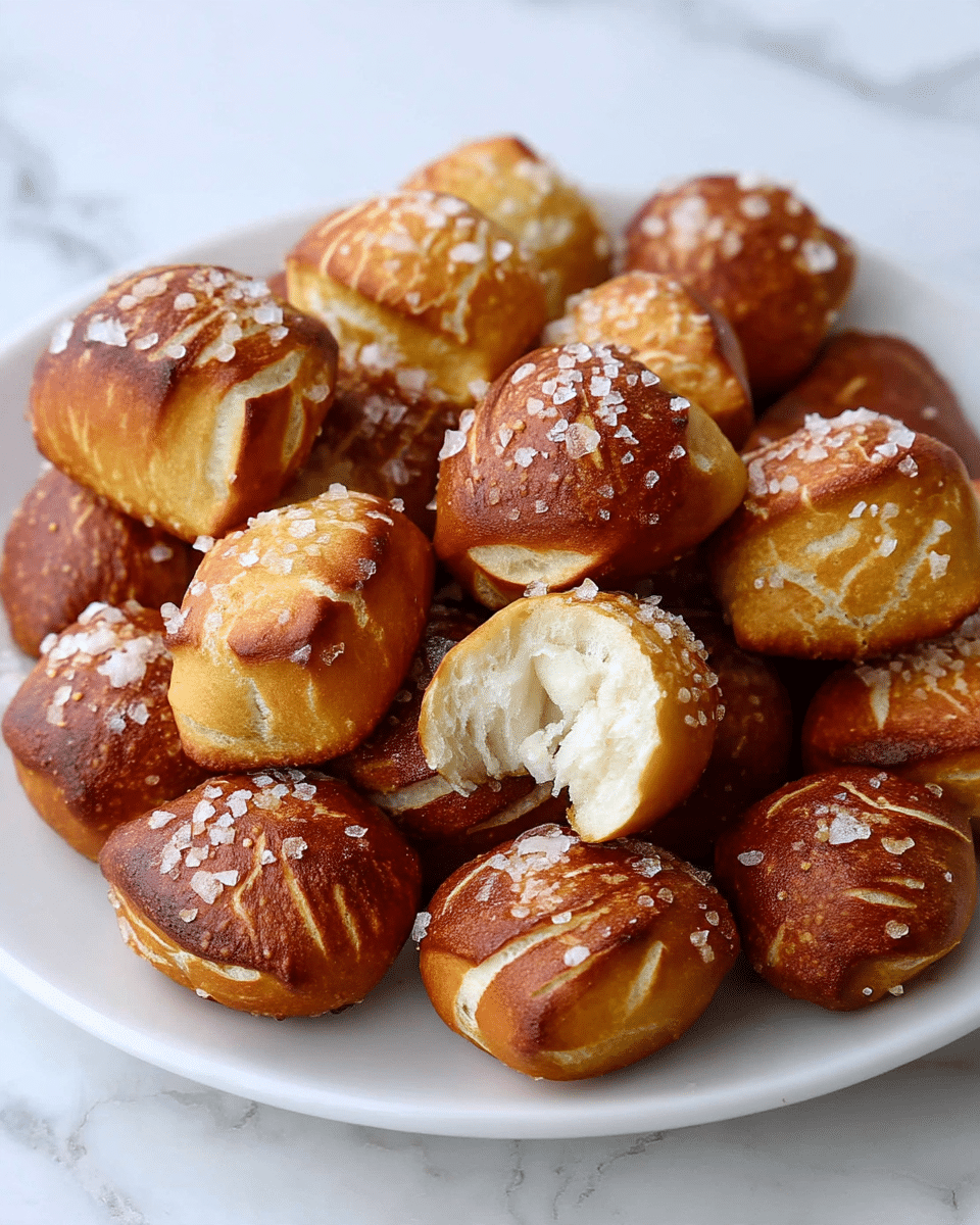 A white plate filled with about twenty golden-brown soft pretzel bites, each with a shiny crust and coarse salt flakes sprinkled on top; one bite is broken open near the center, showing a fluffy white inside; the bites have slight cracks and texture on their brown outer layer, sitting together closely on a white marbled surface. photo taken with an iphone --ar 4:5 --v 7
