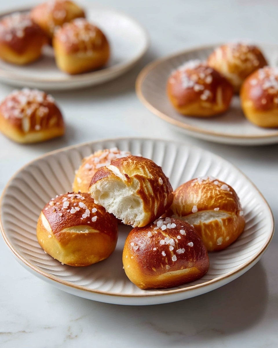 A pile of small, golden brown pretzel bites with a smooth, slightly shiny crust lightly sprinkled with coarse salt sits in a shallow white round plate with ridged edges. One pretzel bite is torn open near the center of the plate, revealing a soft, fluffy white inside with a smooth texture. In the background, two more white round plates hold a few more pretzel bites, and three individual pretzel bites are placed directly on a white marbled surface around the plate. The lighting highlights the warm tones and salt crystals on the pretzel bites. photo taken with an iphone --ar 4:5 --v 7