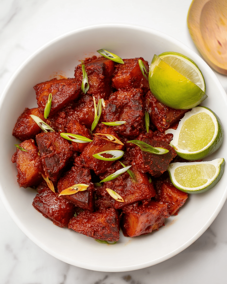 A white bowl contains a dish made of reddish-brown, thickly coated potato chunks piled together, each piece showing a slightly rough texture from the spicy sauce. Thin slices of green onion are scattered on top, adding a fresh green contrast. On the right side of the bowl, two lime wedges rest on the surface, showing bright green outer skin and juicy light green flesh inside. The bowl sits on a white marbled surface with a partial view of a wooden spoon on the upper right corner. photo taken with an iphone --ar 4:5 --v 7