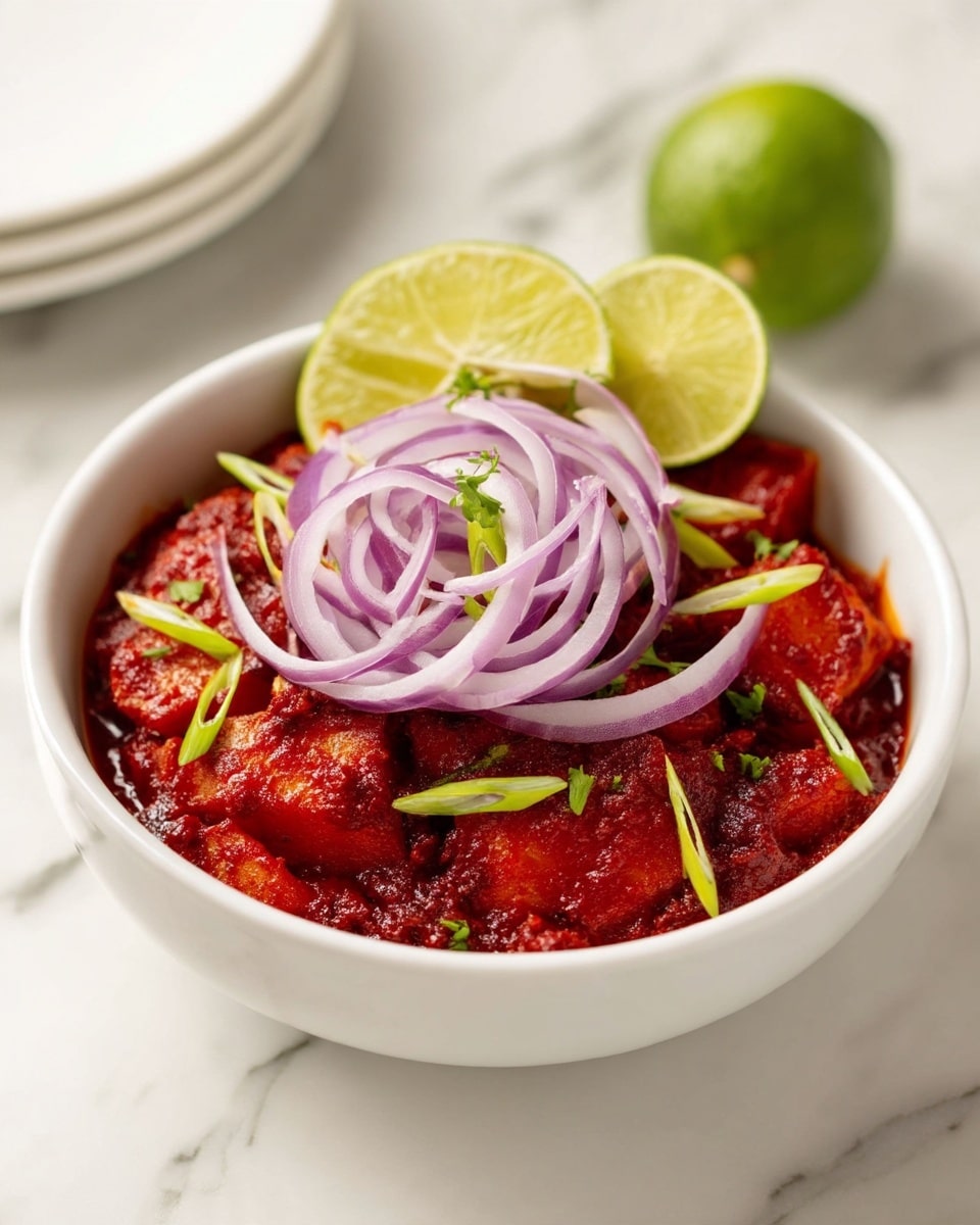 A white bowl filled with three layers of chunky sweet potatoes coated with a thick deep red spicy sauce as the base, topped with thin slices of bright purple onion arranged in a small pile in the center, and garnished with small pieces of light green sliced scallions scattered around; to one side inside the bowl, there are two lime wedges, one whole and one cut, showing their vibrant green and yellow colors. The bowl is placed on a white marbled surface with two white plates slightly blurred in the background; photo taken with an iphone --ar 4:5 --v 7