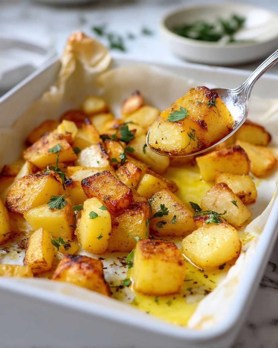 A close-up view of golden roasted potato chunks in a white rectangular baking dish lined with baking paper, showing a mix of crispy browned edges and soft pale yellow centers, topped with small green herb leaves scattered across. A silver spoon lifts a portion of the potatoes, revealing a buttery, oily layer beneath, all placed on a white marbled surface with a blurred bowl of green herbs in the background. photo taken with an iphone --ar 4:5 --v 7