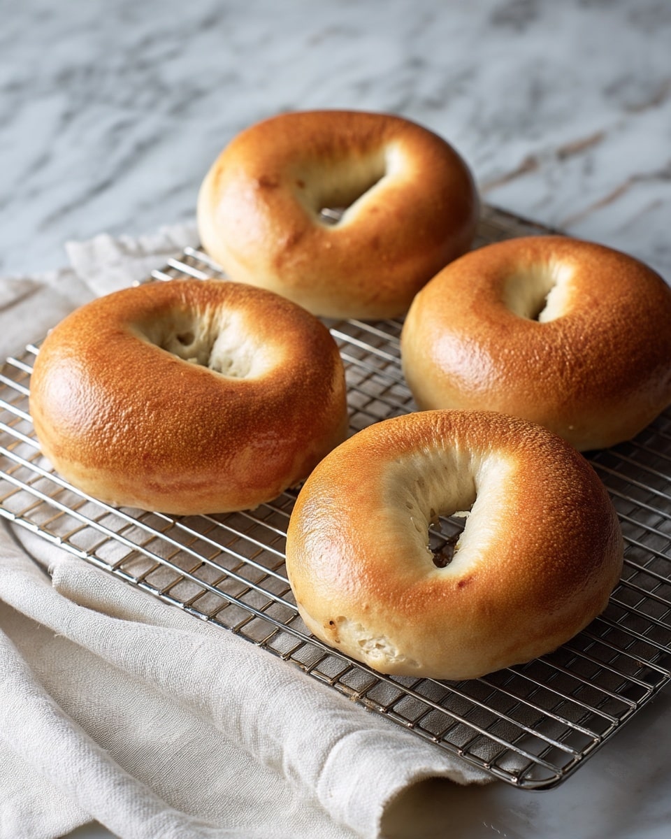 Four golden brown bagels with a soft, slightly shiny crust rest on a metal cooling rack over a white marbled surface. Each bagel has a thick, fluffy dough texture, and their round shapes have a slightly uneven hole in the center. A cream-colored cloth is partially visible at the bottom of the image, adding a cozy touch. photo taken with an iphone --ar 4:5 --v 7