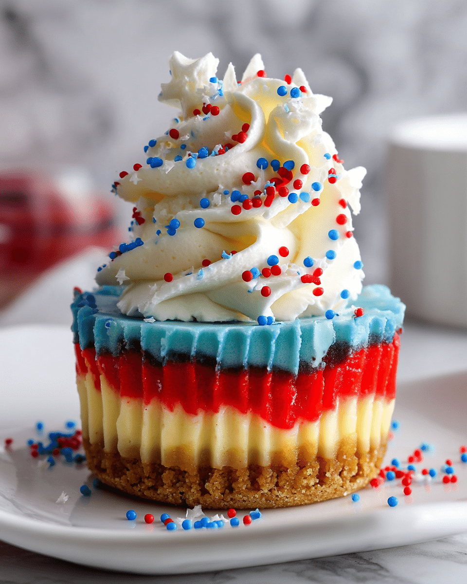 The image shows a close-up of a small cupcake with four visible layers: a crumbly light brown base, a creamy pale yellow cheesecake layer, a bright red layer in the middle, and a thick next blue layer on top. Above the blue layer is a tall swirl of white whipped cream with red, blue, and white star-shaped sprinkles, as well as small red and blue round sprinkles scattered on and around the cupcake. The cupcake is sitting on a white plate with a slightly curved edge, and the background features a white marbled texture. Photo taken with an iphone --ar 4:5 --v 7