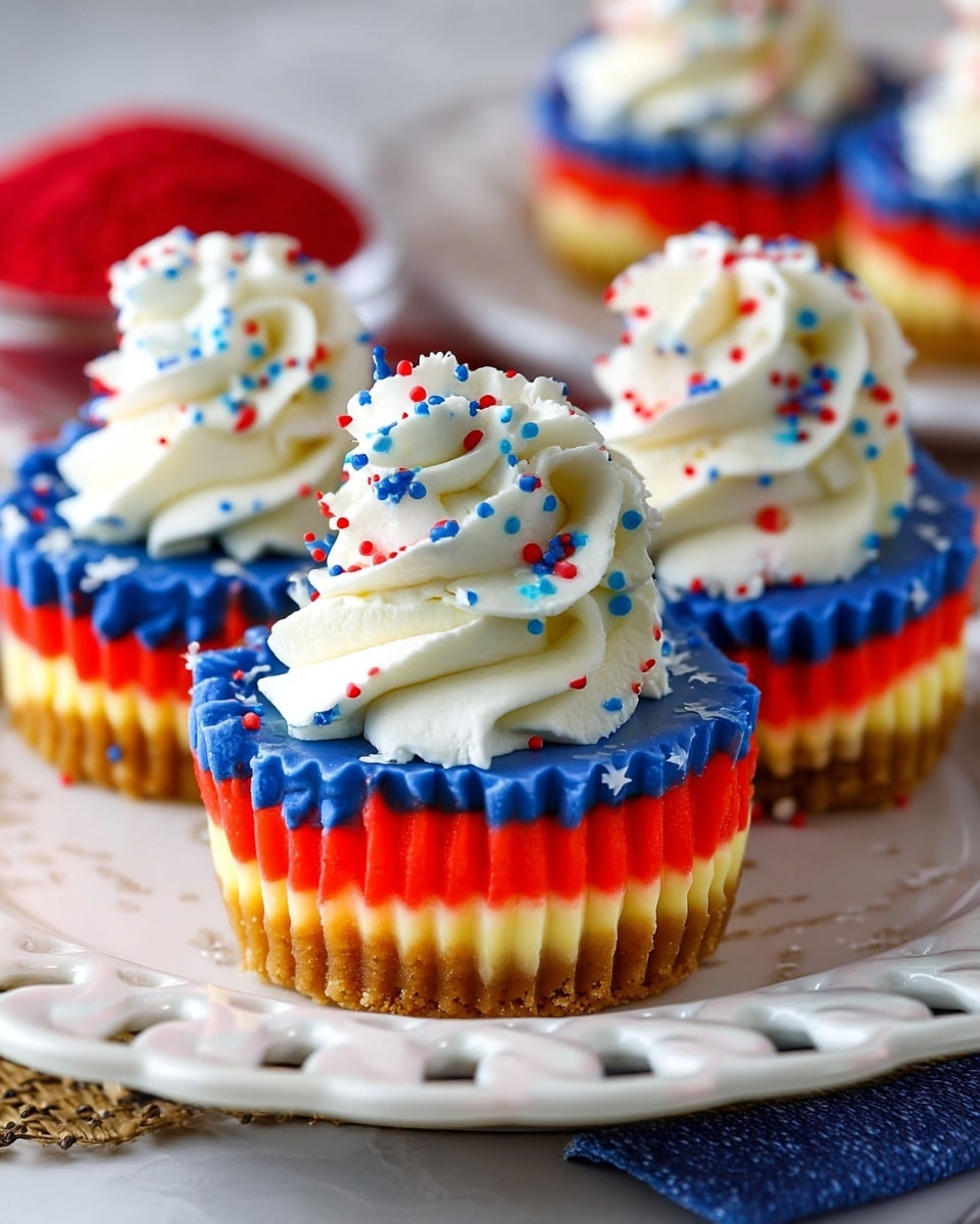 The image shows a close-up of three mini cheesecakes with three colorful layers: a golden brown crumbly crust at the bottom, a thick creamy white cheesecake layer in the middle, and a bright red layer topped with a vibrant blue layer that has small white star-shaped sprinkles. Each cheesecake is topped with a swirl of white whipped cream decorated with tiny red and blue round sprinkles. The cheesecakes are placed on a white plate with a detailed rim, set against a white marbled textured background, with other blurred similar cheesecakes in the background. Photo taken with an iphone --ar 4:5 --v 7
