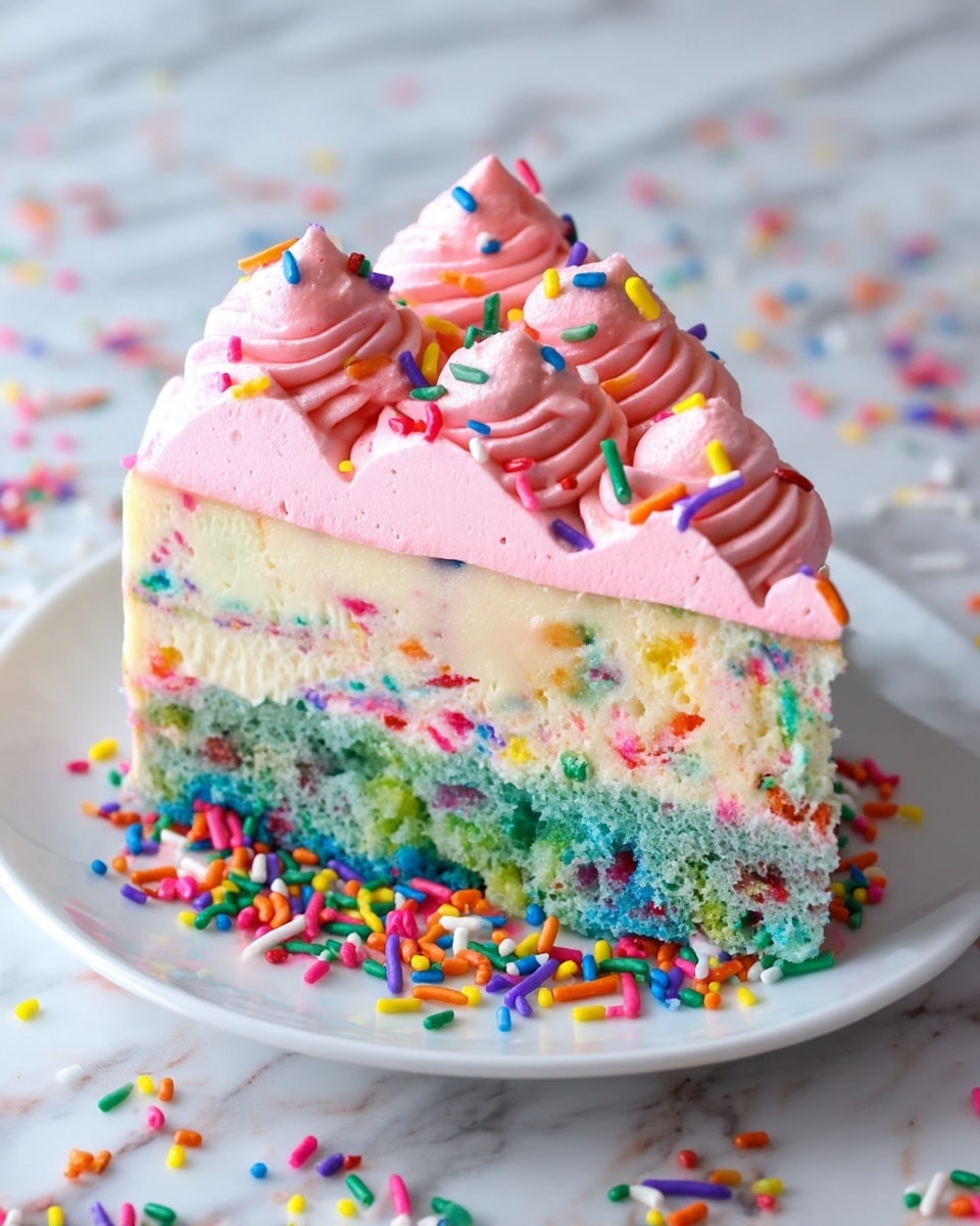 A slice of colorful cake is missing from a round cake showing three distinct layers: a bottom layer of blue and green confetti cake, a thick middle layer of creamy white frosting mixed with small colorful sprinkles, and a top layer of light pink frosting piped in large dollops covered with bright multicolored sprinkles. The cake sits on a white plate, surrounded by scattered rainbow sprinkles, all placed on a white marbled surface. Photo taken with an iphone --ar 4:5 --v 7