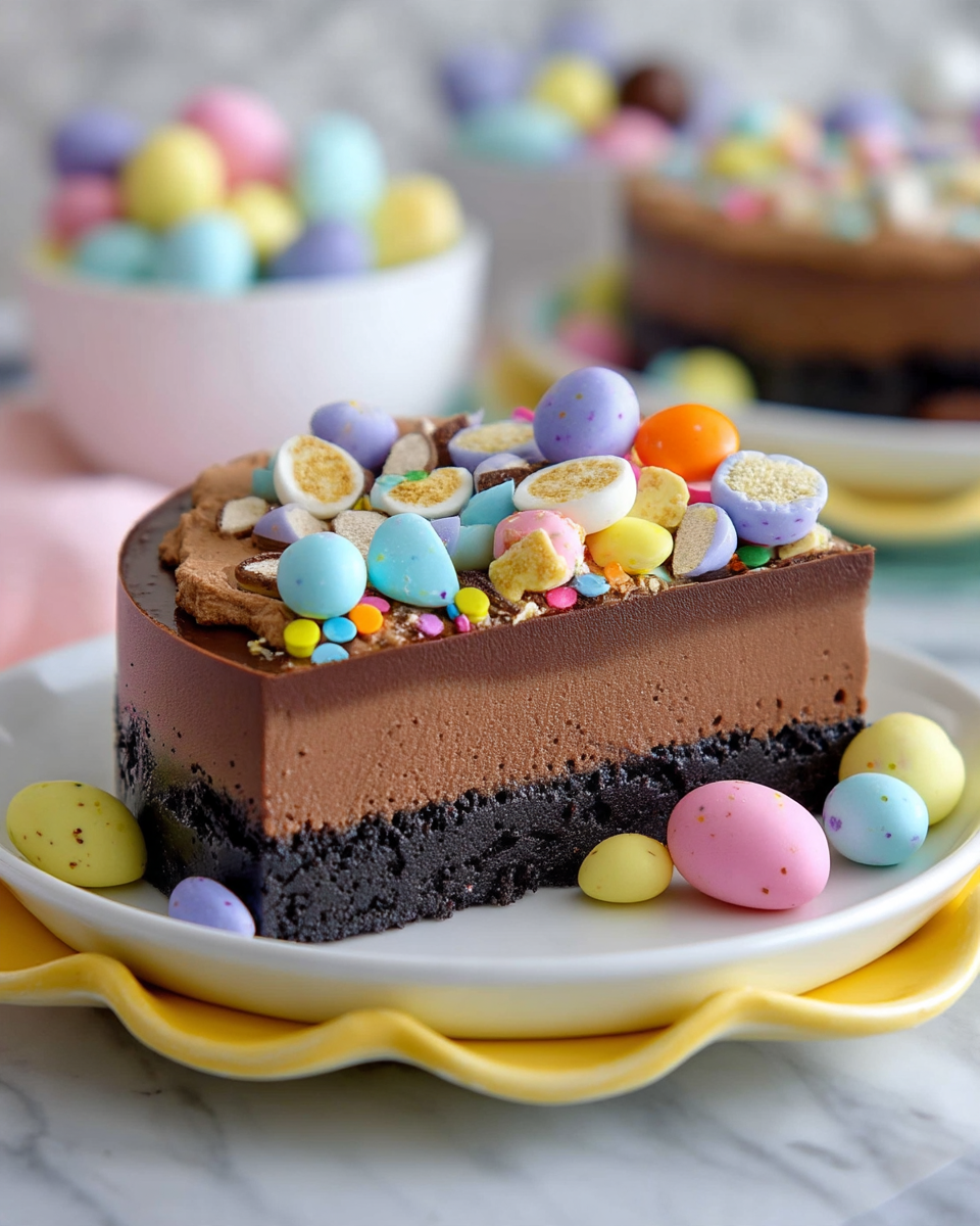 The image shows a layered chocolate dessert on a white plate with a yellow ruffled base. The bottom layer is dark and crumbly, resembling a cookie crust, topped by a smooth, thick chocolate layer, then a lighter, airy chocolate mousse layer. The top is covered with broken pastel-colored candy pieces in blue, pink, purple, yellow, and white, along with tiny round confetti sprinkles in bright orange, yellow, green, and purple. Some whole pastel candies rest on the base around the plate. In the background, blurred white bowls with more colorful candies are visible on a white marbled surface. Photo taken with an iphone --ar 4:5 --v 7
