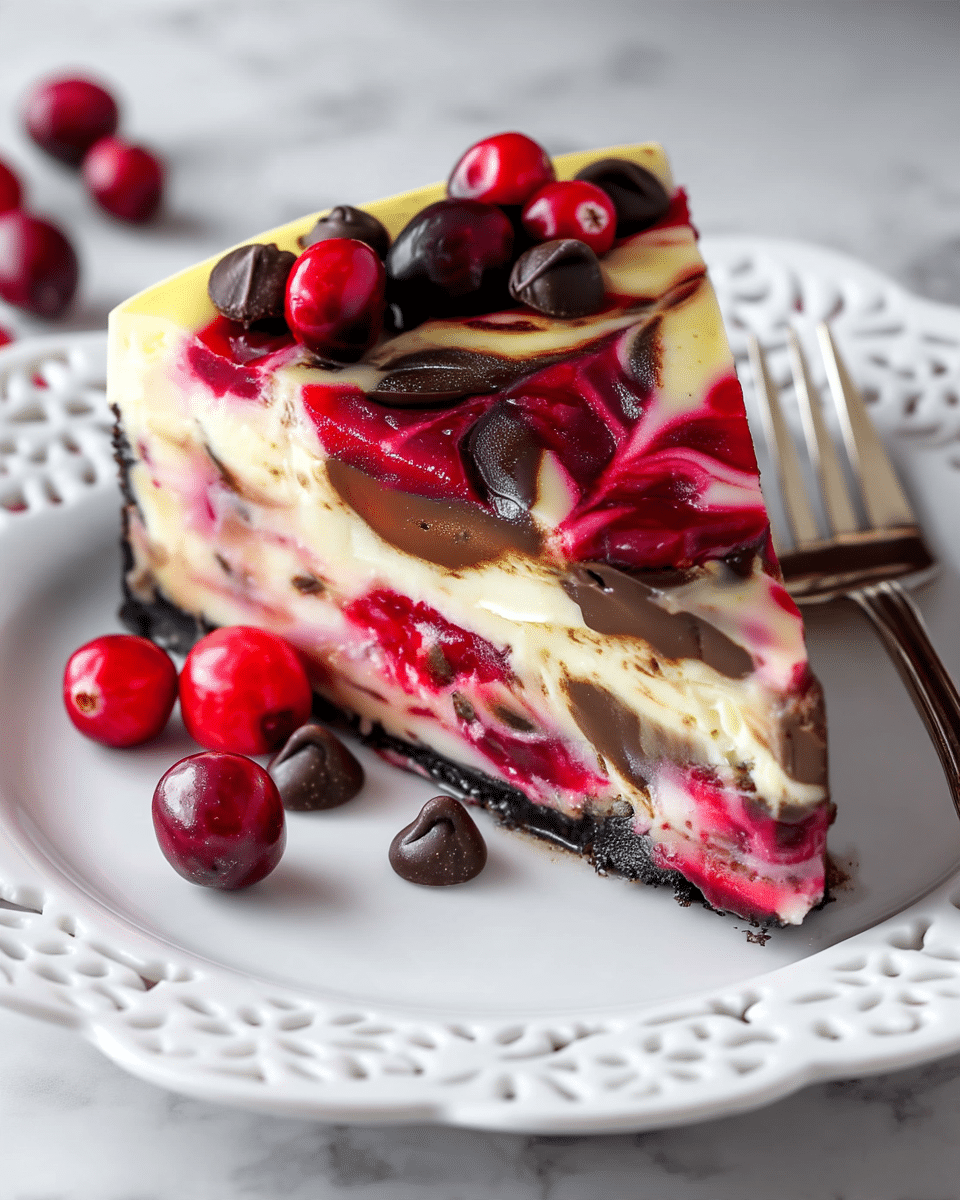 A single slice of cheesecake on a white plate with detailed edges, showing four layers from bottom to top: a dark brown crumbly crust, a creamy off-white cheese layer with red raspberry swirls and chunks, a marbled dark chocolate and red swirl layer, and a smooth off-white top layer. The cheesecake slice is garnished with shiny fresh red cranberries and round dark chocolate chips on top and scattered around the plate, all placed on a white marbled surface with a silver fork beside the plate. Photo taken with an iphone --ar 4:5 --v 7