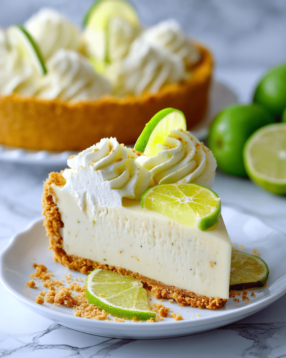 A slice of creamy, pale yellow pie with a crumbly golden brown crust at the bottom and edges, topped with three swirls of white whipped cream, each crowned with a thin slice of bright green lime. A larger, translucent lime slice leans against the front swirl, all placed on a white plate with some crust crumbs scattered nearby. In the background, a whole pie with golden crust sits atop a surface with a white marbled texture, along with halved limes out of focus. photo taken with an iphone --ar 4:5 --v 7