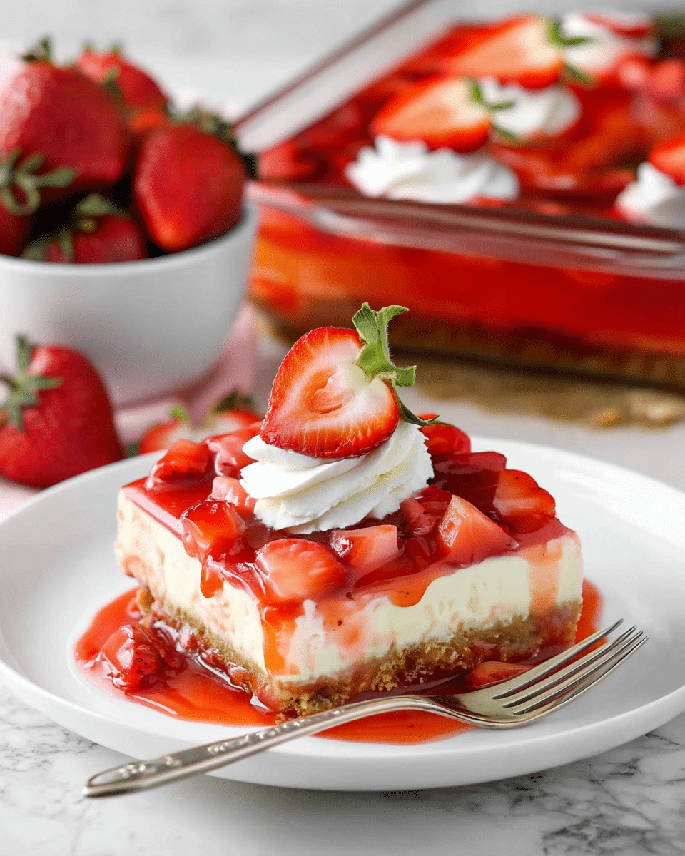 A white plate holds a square slice of layered strawberry cheesecake with three layers: a crumbly light brown base, a thick creamy white middle, and a bright red strawberry topping filled with sliced strawberries and syrup dripping down the sides. On top of the slice is a swirl of white whipped cream topped with a half strawberry with green leaves. In the background, a glass baking dish filled with more of the same strawberry cheesecake is partially visible on a white marbled surface, alongside a white bowl filled with whole strawberries and some scattered strawberries. A silver fork rests on the plate next to the cake. photo taken with an iphone --ar 4:5 --v 7