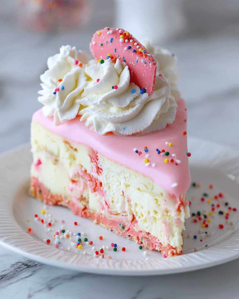 A slice of birthday cake shows three layers: a pink crumbly base, a thick creamy white middle mixed with pink bits, and a smooth light pink topping. On top, there is a swirl of white whipped cream decorated with small colorful round sprinkles. Stuck into the whipped cream is a pink candy chip with colorful sprinkles. The cake slice is on a white plate with some scattered colorful small round sprinkles around it, set against a white marbled background. Photo taken with an iphone --ar 4:5 --v 7