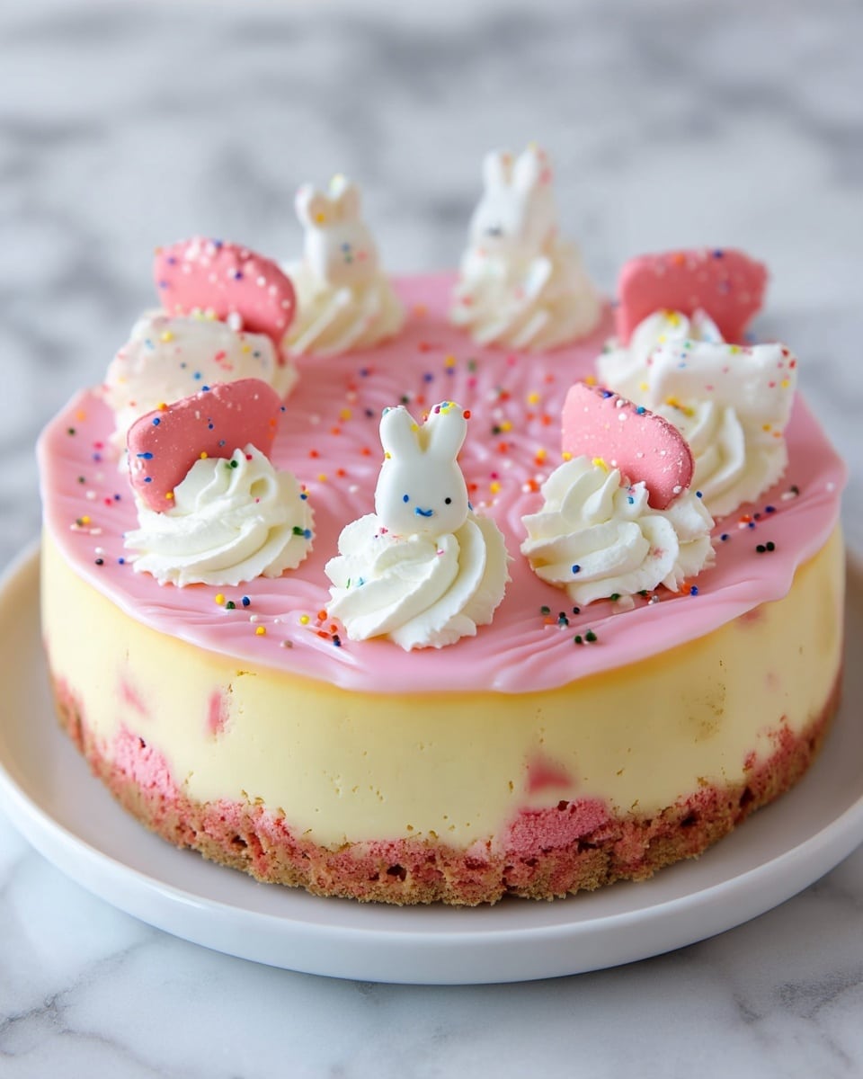 A round cheesecake is shown with three visible layers: the bottom layer is a pink crumbly crust, the middle layer is a smooth pale yellow cheesecake, and the top layer is a thick, glossy pink topping. On top, there are six equally spaced dollops of white whipped cream, each topped with either a pink candy or a white candy shaped like a bunny. Small colorful sprinkles are scattered across the pink topping and whipped cream. The cake is placed on a white plate, set against a white marbled surface. Photo taken with an iphone --ar 4:5 --v 7