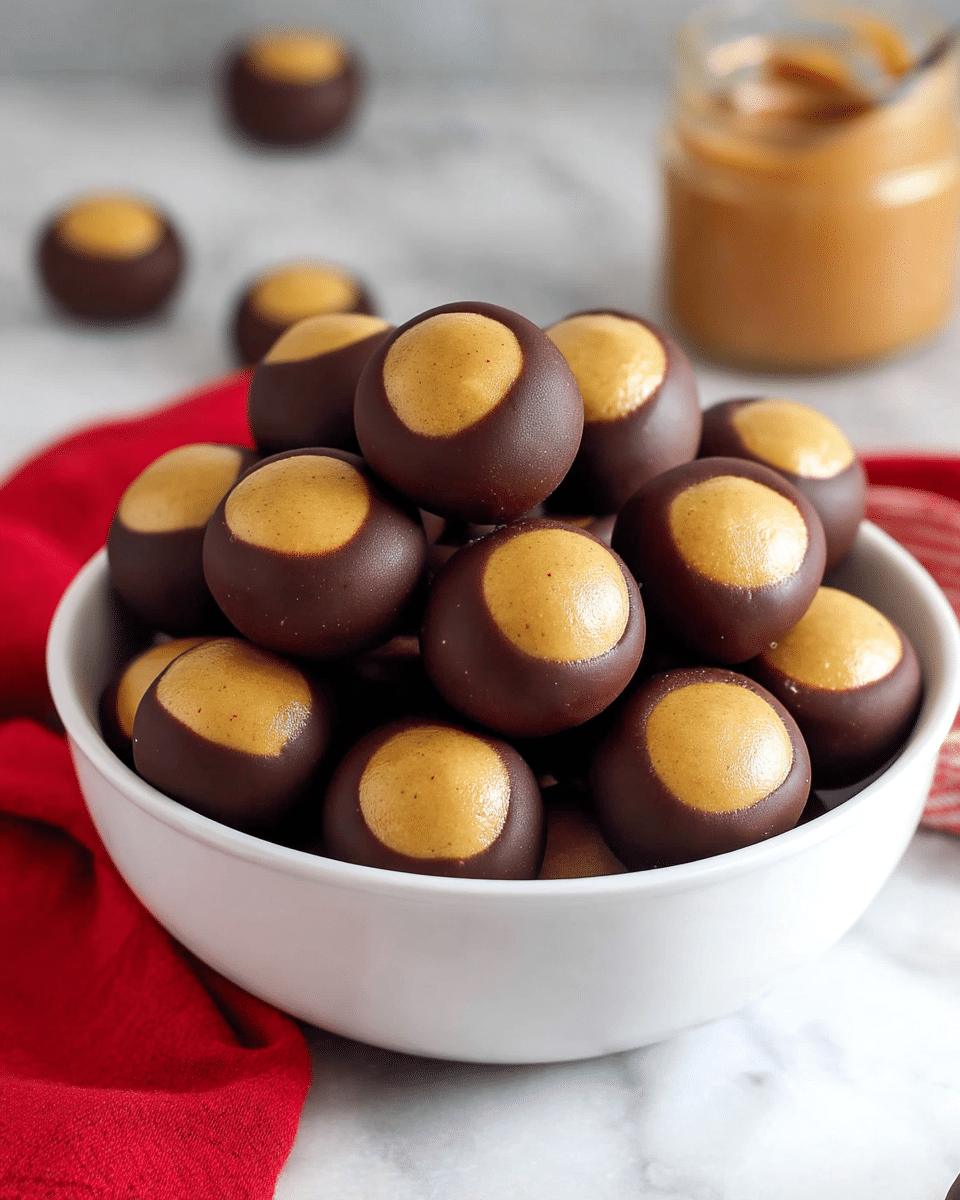A white bowl filled with round treats stacked on top of each other. Each treat has two layers: the outer layer is dark brown and smooth like chocolate, covering most of the ball, and the top layer is a golden beige, slightly shiny and smooth, covering a small circle on the top center. The bowl sits on a white marbled texture surface with a small jar filled with the golden beige filling blurred in the background, next to a red cloth and a few treats around the bowl. photo taken with an iphone --ar 4:5 --v 7