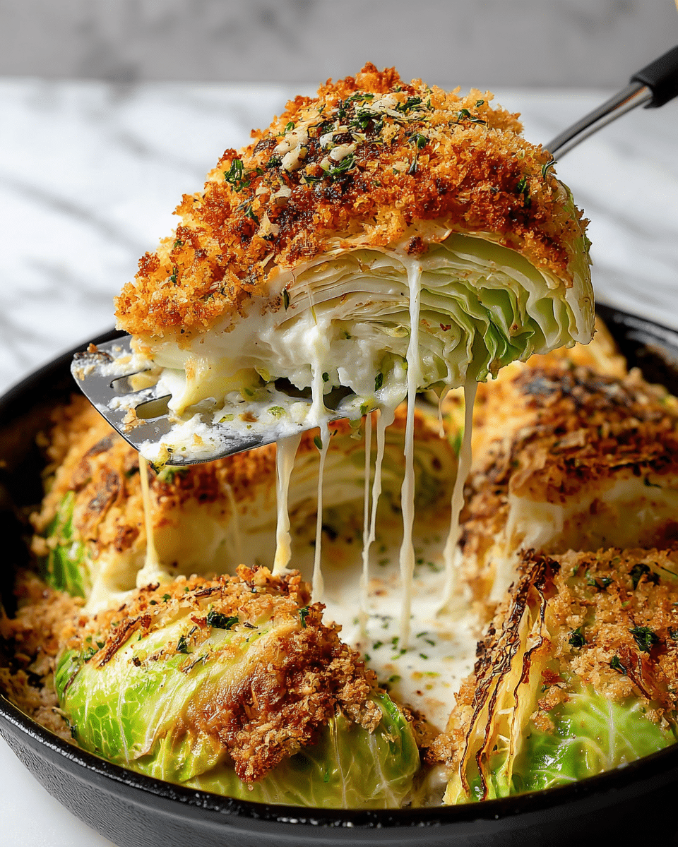 A round cast iron pan holds a layered cabbage gratin with about four thick layers of cabbage leaves, which are pale green with some browned edges showing a roasted texture. The top layer is covered evenly with golden brown breadcrumb crumbs mixed with fine melted cheese, and scattered small green thyme sprigs add a fresh touch. The gratin’s creamy cheese sauce peeks through the gaps, adding a smooth, light yellow color underneath the cabbage leaves. A silver serving spoon is slipped under a wedge, ready to lift a piece, showing the soft, layered inside. The pan sits on a white marbled surface with some crumbs and thyme leaves scattered around. Photo taken with an iphone --ar 4:5 --v 7
