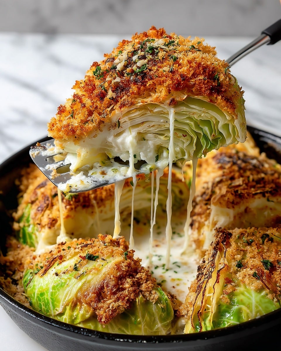 The image shows a close-up of a baked cabbage wedge being lifted with a metal spatula from a black pan resting on a white marbled surface. The wedge has about three visible layers: a crispy golden-brown breadcrumb topping mixed with herbs on top, a thick creamy white sauce layer beneath it, and bright green cabbage leaves at the bottom with slightly roasted edges. Some melted cheese stretches from the wedge to the pan, adding a gooey texture. The overall look is warm, rich, and textured with a mix of creamy and crunchy elements. Photo taken with an iphone --ar 4:5 --v 7