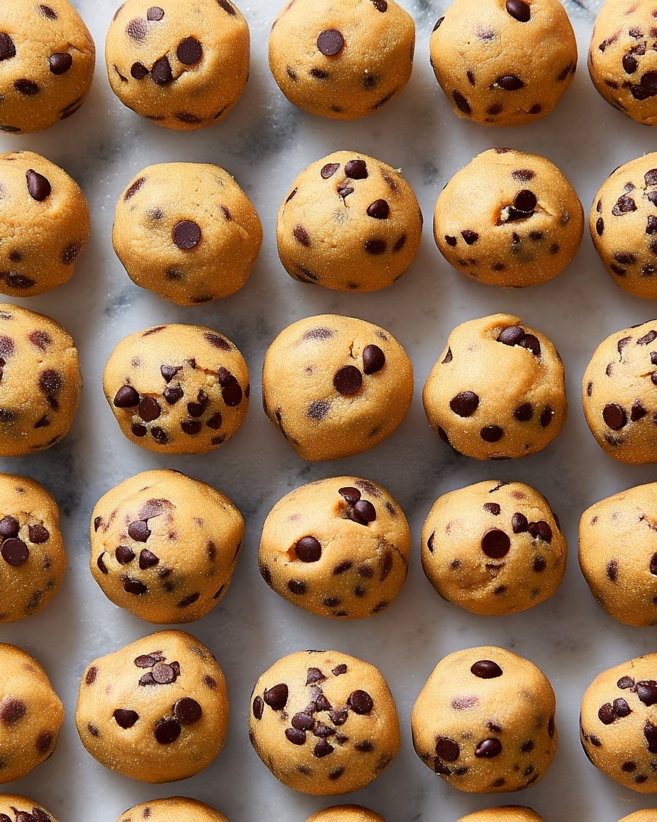 The image shows a grid of small, round cookie dough balls with chocolate chips evenly spread throughout. Each dough ball is light golden brown with dark brown chocolate chips embedded on the surface, giving a textured look. The balls are neatly lined up in rows on a white marbled surface. One dough ball near the center has a bite taken out of it, revealing a soft and slightly crumbly inside with more chocolate chips. The lighting highlights the smooth yet slightly grainy texture of the dough, making them look fresh and ready to bake. photo taken with an iphone --ar 4:5 --v 7