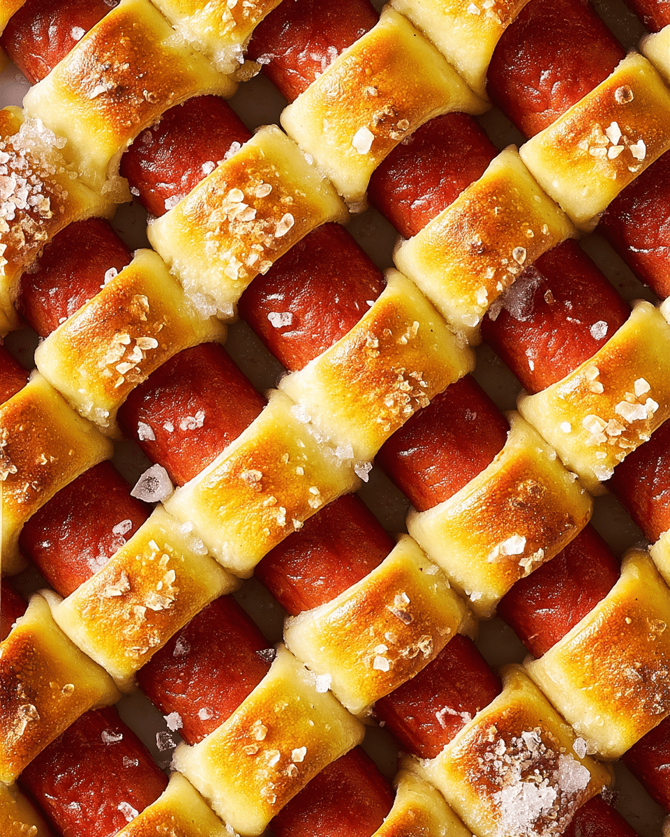 The image shows a close-up of small hot dogs wrapped in golden-brown crescent roll dough, arranged in a neat woven pattern creating a checkered design. Each hot dog is wrapped with segments of soft, flaky dough that is lightly browned on top, sprinkled with coarse sea salt crystals adding texture and sparkle. The hot dogs are a rich reddish-brown color with a slight sheen, and the white marbled texture background contrasts with the warm colors of the hot dogs and dough. Photo taken with an iphone --ar 4:5 --v 7