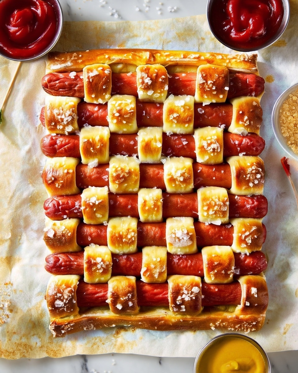 The dish shows a square-shaped baked treat with six rows of evenly spaced horizontal red sausages, each partially wrapped with small, golden brown dough strips that create a woven lattice effect across the entire top. The dough strips are soft with a lightly browned texture and sprinkled with coarse salt crystals, adding a crunchy contrast. The edges of the dish have a thicker dough crust that is golden and slightly crisp. The dish is placed on a parchment paper over a white marbled surface, with small bowls of bright red ketchup and yellow mustard on each side. photo taken with an iphone --ar 4:5 --v 7