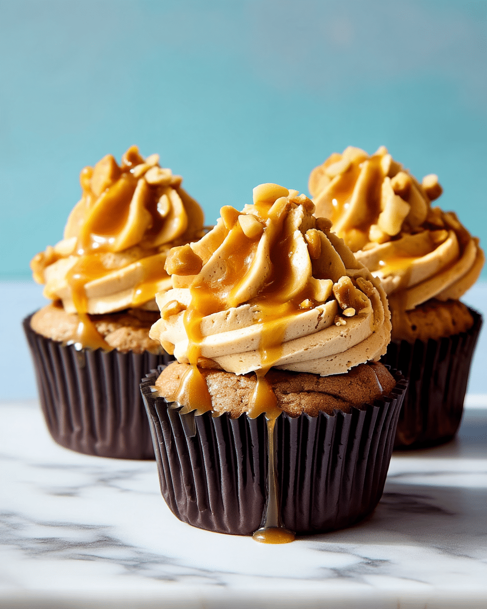 Four cupcakes are shown close-up on a white marbled surface with a light blue background. Each cupcake has a dark brown base wrapped in a black liner. The first layer is a light brown cake, topped by a thick swirl of creamy caramel-colored frosting. On top of the frosting are small chunks of nuts scattered around. A glossy caramel drizzle runs over the frosting and nuts, some dripping down the sides. Photo taken with an iphone --ar 4:5 --v 7