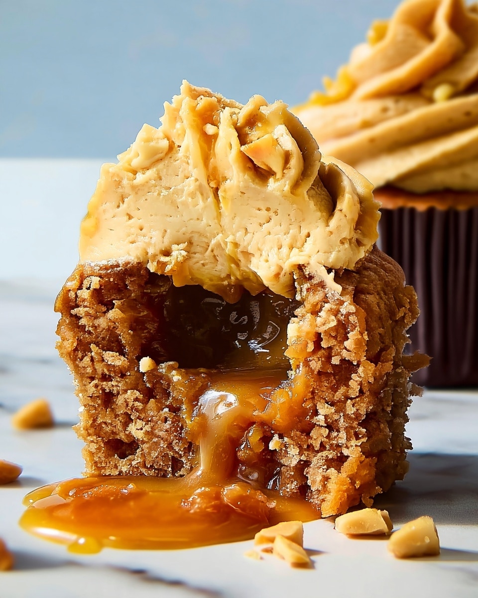 The image shows a close-up of a cupcake cut in half, revealing three distinct layers: the bottom layer is a soft, moist brown cake with a crumbly texture, the middle layer is a gooey, golden caramel sauce oozing out onto a white marbled surface, and the top layer is a thick, creamy light brown frosting with a smooth yet slightly textured finish, swirled softly on top. Next to it, a full cupcake with similar frosting and a brown paper wrapper is partially visible. Small pieces of chopped nuts are scattered near the caramel. photo taken with an iphone --ar 4:5 --v 7