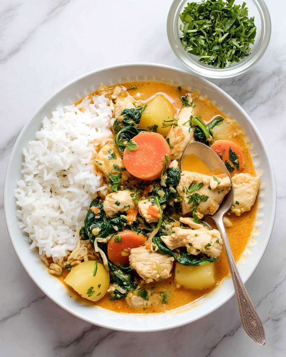 A white bowl holds a dish layered with white rice on the left side, soft cooked carrot slices in orange scattered throughout, potato pieces in yellow, and bright green spinach leaves mixed in a creamy orange sauce. There are also light-colored pieces of chicken evenly spread across the bowl. A silver spoon rests in the bowl, scooping a piece of chicken. A small clear bowl with chopped fresh green herbs sits in the top right corner on a white marbled surface. Photo taken with an iphone --ar 4:5 --v 7