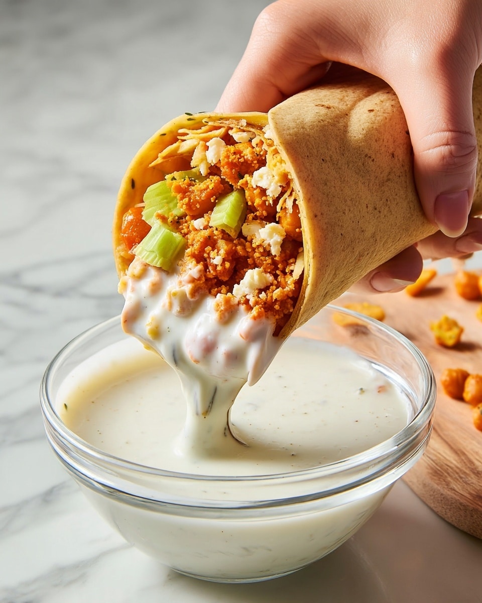 A close-up view of a wrap being dipped into a thick white sauce in a clear glass bowl, held by a woman's hand on the right side. The wrap has three visible layers: the soft brown outer tortilla, filled inside with a layer of white creamy sauce, followed by orange-red crispy chickpeas and bits of green celery mixed with orange crunchy pieces. The sauce is dripping from the wrap as it dips into the thick white sauce with small herbs visible. The background features a white marbled texture. photo taken with an iphone --ar 4:5 --v 7