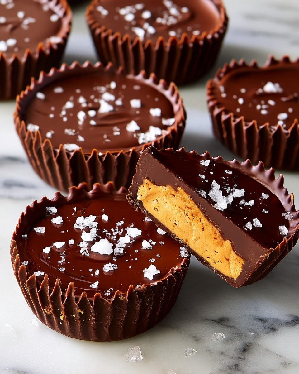 The image shows several round chocolate cups arranged on a white marbled surface, each with thick, wavy edges and a smooth, glossy dark chocolate top sprinkled with white sea salt flakes. Two cups in the front are cut in half to reveal a dense, light brown peanut butter filling inside, surrounded by a dark chocolate shell. The chocolate shell is thick, especially on the sides, giving a ridged texture, while the top layer is flat and shiny. The peanut butter layer looks creamy with a slightly rough texture inside. Photo taken with an iphone --ar 4:5 --v 7