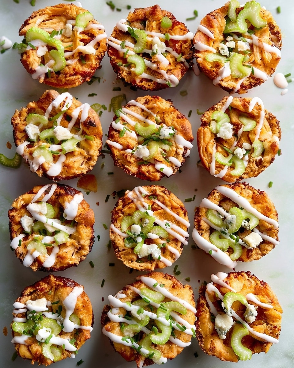 Twelve small round savory muffins are arranged in a grid pattern on a white marbled surface. Each muffin has a golden-brown crispy textured base mixed with shredded pieces, topped with thinly sliced light green celery pieces and small white crumbly cheese. White creamy sauce is drizzled over the top in diagonal lines, and small chopped green herbs are sprinkled on and around the muffins. The edges of the muffins are slightly darker, showing a well-baked crust. photo taken with an iphone --ar 4:5 --v 7