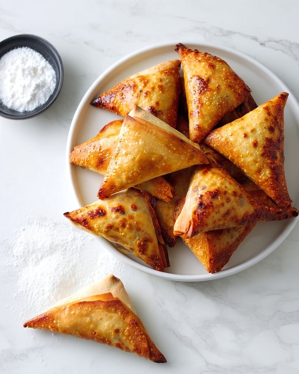 A white plate is filled with several golden-brown triangular samosas that have a crispy, flaky texture with some darker browned spots, stacked closely in a circular pattern. One samosa lies outside the plate on a white marbled surface in front, showing its same golden, crinkled crust. Near the plate, on the left side, there is a small black bowl containing a white powder, placed on the white marbled surface. The overall scene is bright and clean with soft natural light, showing the samosas' details clearly. photo taken with an iphone --ar 4:5 --v 7