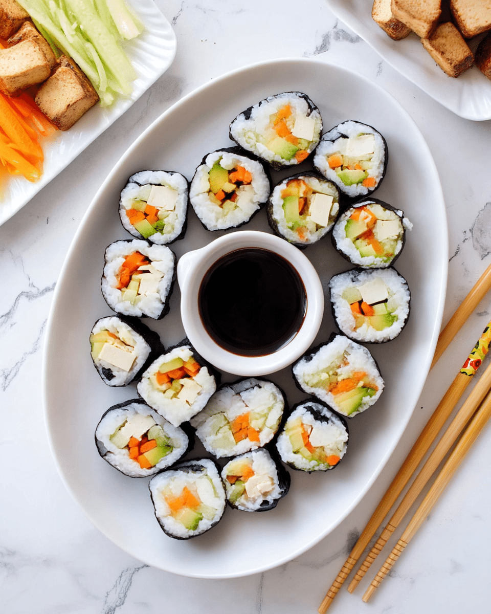 An oval white plate holds fourteen pieces of sushi rolls arranged neatly in a circle around a small white soy sauce dish filled with dark soy sauce in the center. Each sushi roll has three visible layers: a thin dark seaweed outer layer, a thick white rice middle layer, and an inner filling layer with orange carrot sticks, light green avocado pieces, and creamy white tofu cubes. To the right of the plate, three small white plates carry thin yellow chopsticks with colorful patterns near the top ends, resting on a white marbled surface. Portions of a skillet with tofu pieces and a rectangular white dish with cucumber and carrot sticks appear in the upper part of the image, all set on the clean white marbled background. photo taken with an iphone --ar 4:5 --v 7