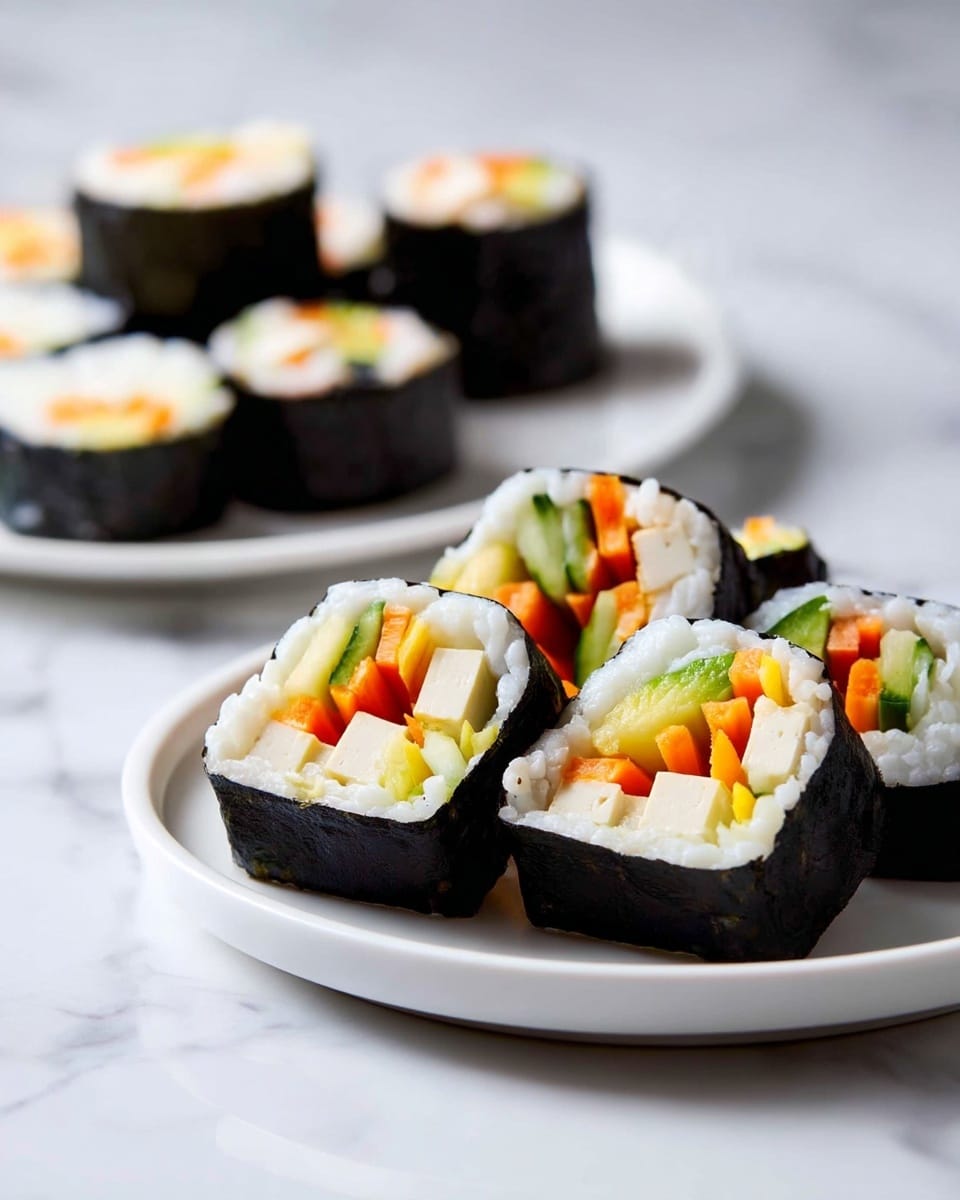 The image shows several pieces of sushi rolls arranged on two white plates placed on a white marbled surface. Each sushi piece has three main layers: a black seaweed outer layer, a thick layer of sticky white rice inside, and the innermost layer consists of colorful vegetable fillings including bright orange carrot strips, light green cucumber, and pale cream tofu or other similar ingredients. The sushi pieces are neatly cut, exposing the vibrant colors of the vegetables in the center. The background keeps the focus on the sushi with its clean, simple white marbled texture. Photo taken with an iphone --ar 4:5 --v 7