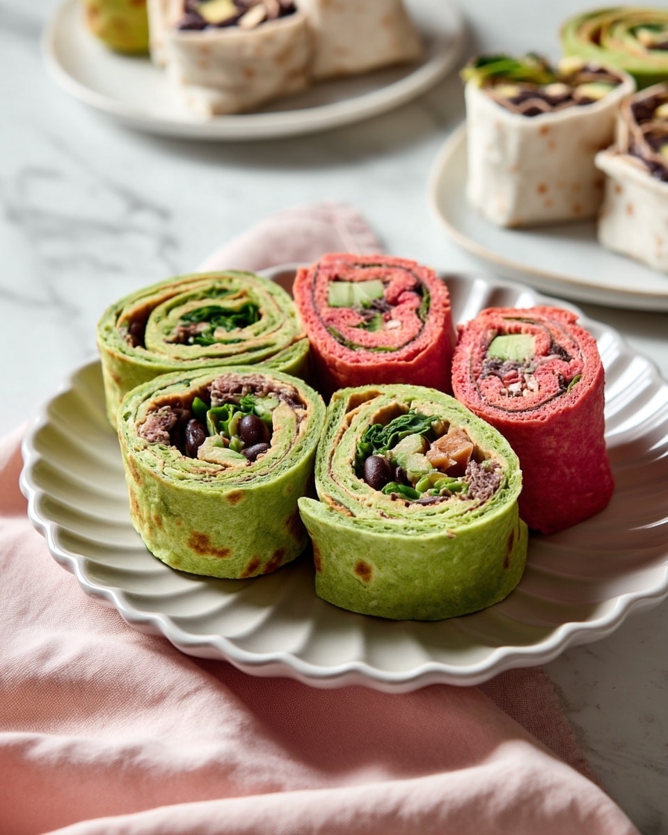 The image shows six rolled wraps cut into thick slices arranged on a white scalloped plate set on a white marbled surface with a pink cloth nearby. Each wrap has three visible layers: the outer tortilla layer which is green, pink, or white, the filling layer consisting of dark beans, avocado chunks, and greens, and some bits of red and beige ingredients. The wraps are placed in a loose circle, showing the spiral pattern inside each roll, with a second white plate with more wraps blurred in the background. The lighting is soft and natural. photo taken with an iphone --ar 4:5 --v 7
