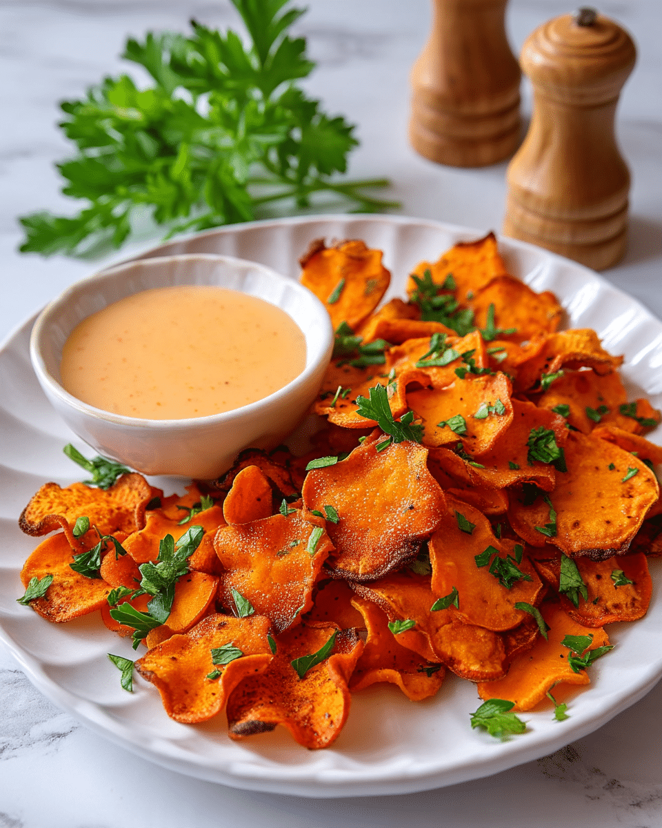 A white plate holds one layer of bright orange sweet potato chips that are crispy with some slightly dark edges, scattered with small pieces of fresh green parsley. Near the bottom edge of the plate, there is a small white bowl filled with smooth, creamy light orange dipping sauce. The plate is set on a white marbled surface with two wooden salt and pepper shakers and green parsley in the background. photo taken with an iphone --ar 4:5 --v 7