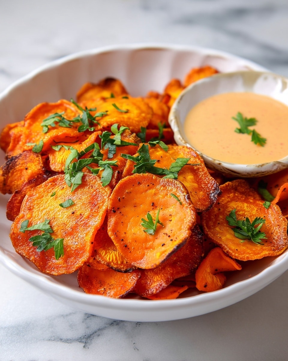 A white bowl filled with thin, crispy, bright orange sweet potato chips, some edges slightly charred showing darker brown spots. The chips are layered unevenly, with fresh green parsley sprinkled over them. Next to the chips on the right side of the bowl is a small white bowl holding a creamy light orange dipping sauce. The whole setup sits on a white marbled surface. photo taken with an iphone --ar 4:5 --v 7