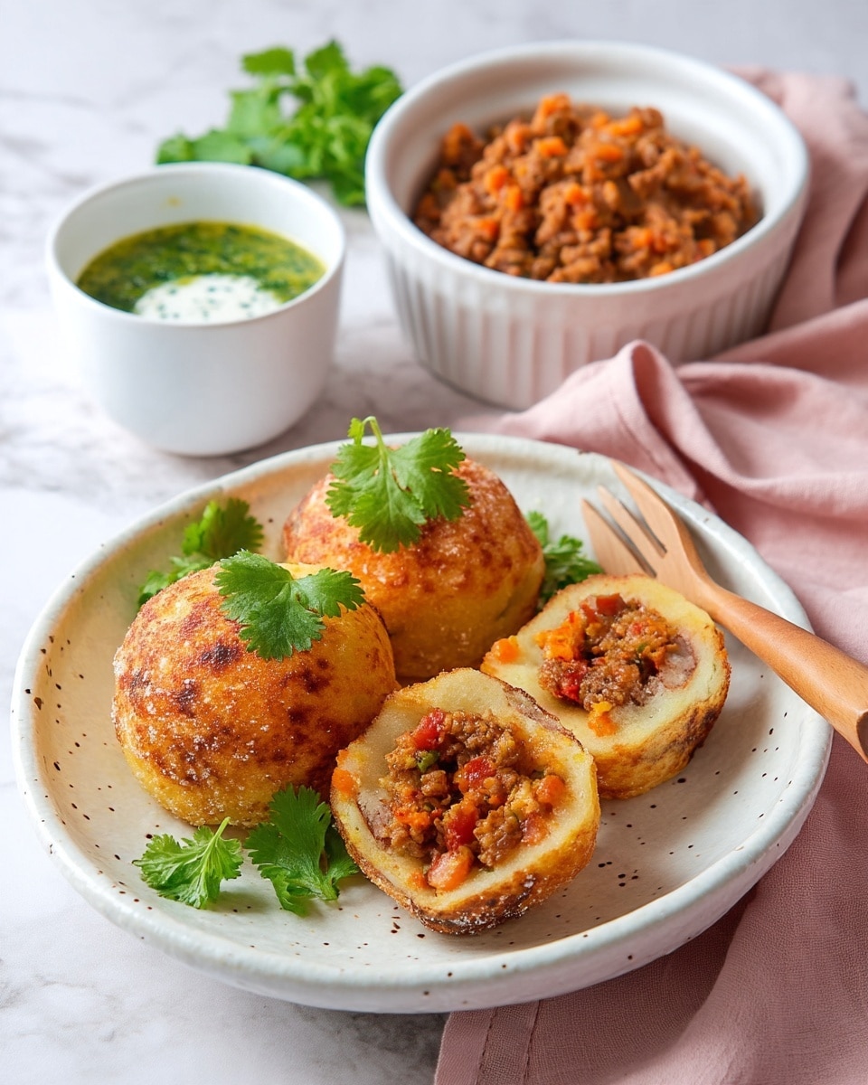 The dish shows four round fried balls with a golden brown crust on a white speckled plate, three whole and one cut in half revealing a minced meat filling inside that is brown with red and orange bits, topped with fresh green cilantro leaves. Behind the plate, there is a white bowl filled with the same minced meat mixture, a greenish sauce in a white bowl, and a small white cup with creamy white sauce, all placed on a white marbled surface with a soft pink cloth in the background. There is a wooden fork resting on the plate next to the balls. photo taken with an iphone --ar 4:5 --v 7