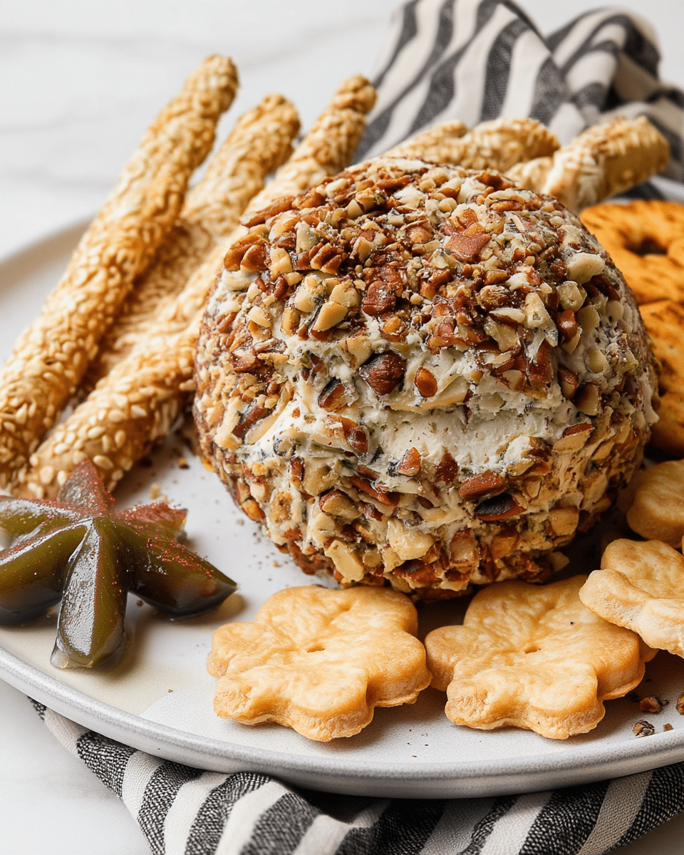A close-up of a round cheese ball fully covered with chopped mixed nuts in brown, beige, and reddish shades on all sides. The inside of the cheese ball is creamy white with a few green and light brown herb pieces visible near the bottom. Behind and partly around the cheese ball, there are five long, cylindrical crackers coated with pale beige sesame seeds on a white plate, along with several light brown flower-shaped crackers placed in front. A black and white striped cloth is in the background on a white marbled surface. Photo taken with an iphone --ar 4:5 --v 7