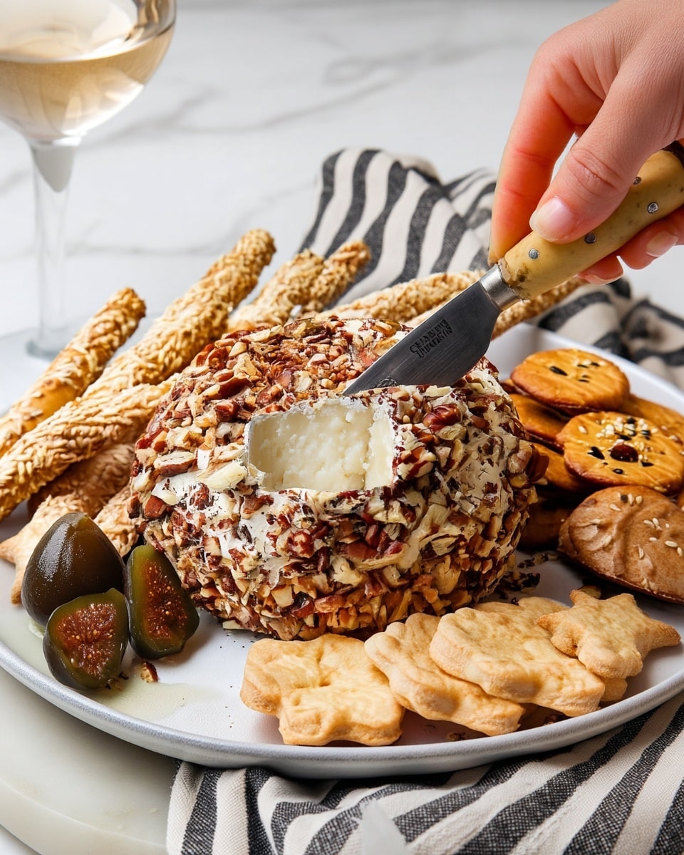 A white plate holds a round ball of cheese covered in chopped nuts, mainly brown and off-white pieces. Surrounding the cheese are two types of crackers: star-shaped pale tan crackers placed in the front and round golden-brown crackers visible on the right. Tall, crispy breadsticks coated with white sesame seeds are placed behind the cheese, leaning on it. Half-cut dark green figs are arranged near the bottom left of the plate. A woman's hand is holding a knife with a wooden handle, cutting into the cheese. The plate rests on a white marbled surface with a black and white striped cloth partly under it. A glass of light-colored drink is seen on the upper left background. photo taken with an iphone --ar 4:5 --v 7